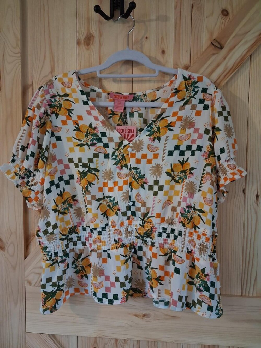 Coco & Shay Citrus Print Blouse 2XL White Orange Lemon Peplum Smocked Boho Top N